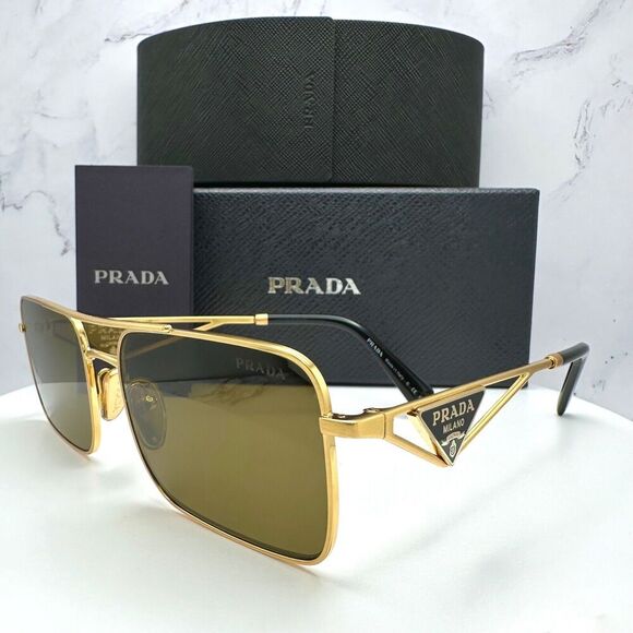 PRADA Sunglasses Gold Metal Square Triangle Black Logo Made in Italy Authentic - Picture 2 of 16